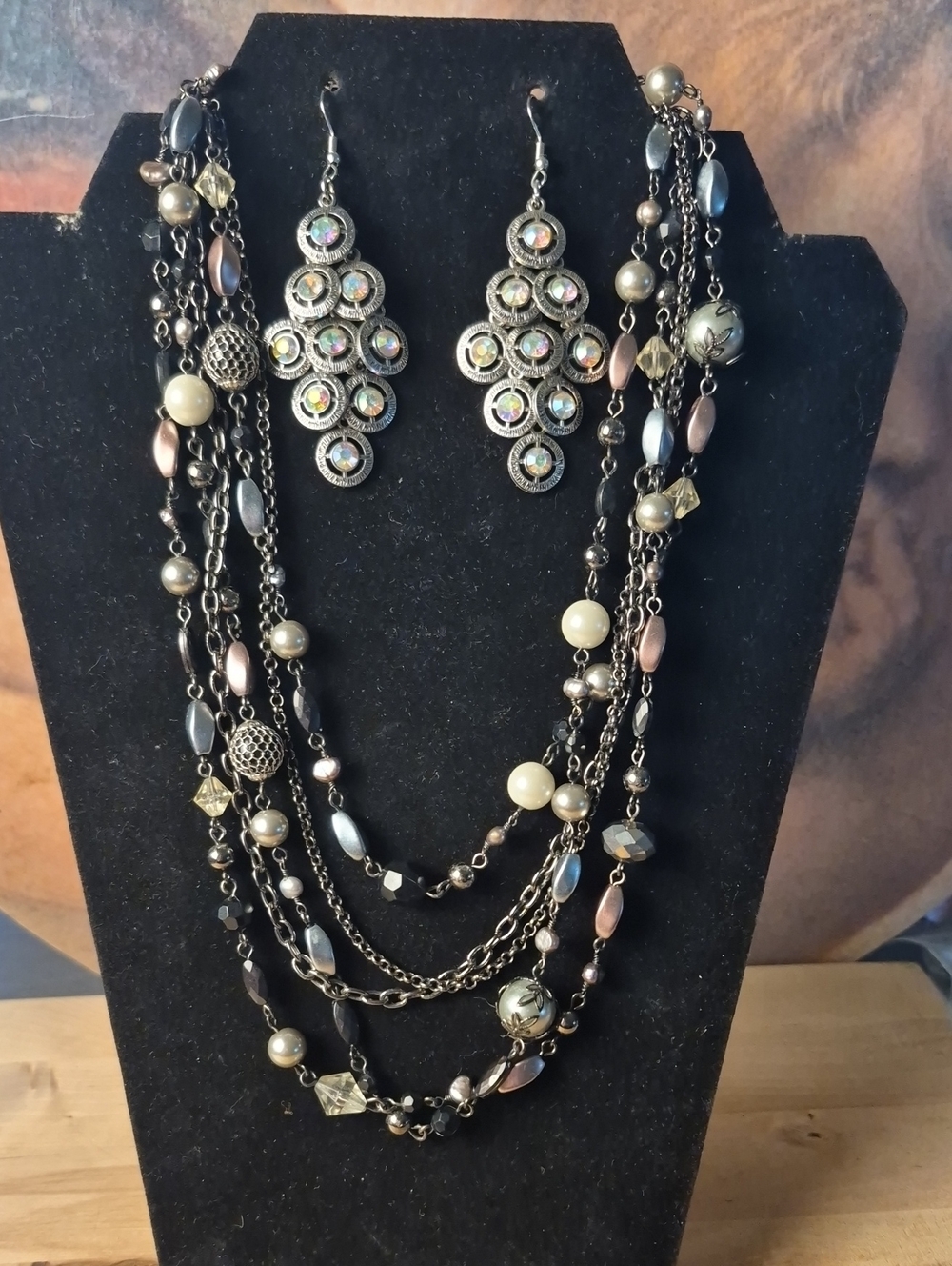 Multi-Strand Pearl & Bead Necklace with Crystal Drop Earrings - Brown/Gray